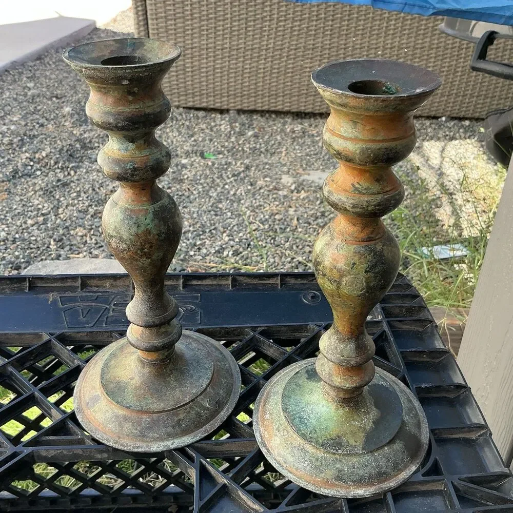 Vintage Brass Tone Candlestick Holders Pair 8.5” Heavy Patina Verdigris